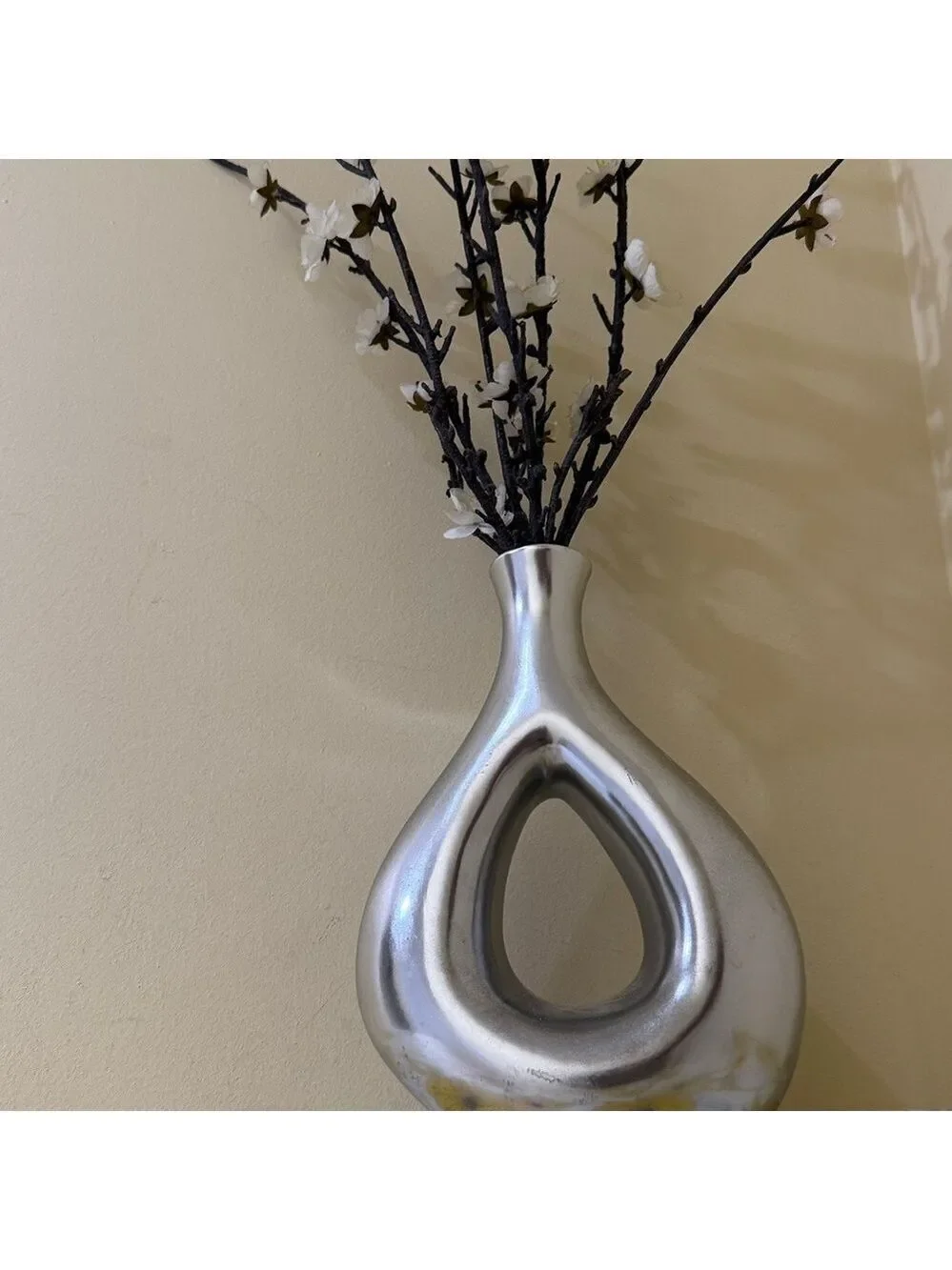 Modern Silver Vase White Floral Design | Cherry Blossoms in Silver Vase